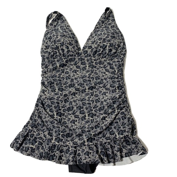 Black and White Speckled One-Piece Swimsuit with Skirted Bottom - Picture 1 of 12